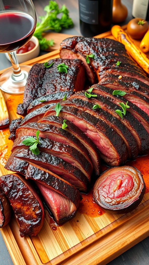 Grilled steak sliced open, revealing juicy interior, garnished with herbs, on a wooden board with grilled vegetables.